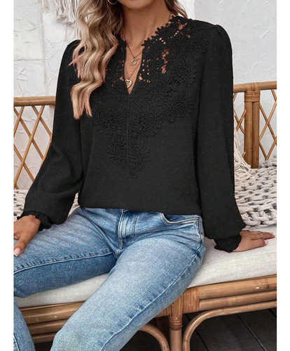 Camiseta Manga Larga De Encaje Con Cuello En V De Moda Mujer