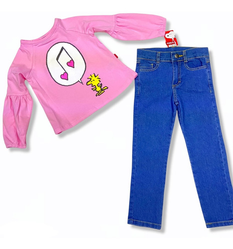 2p Pantalón Mezclilla Y Playera Manga Larga Snoopy Niña