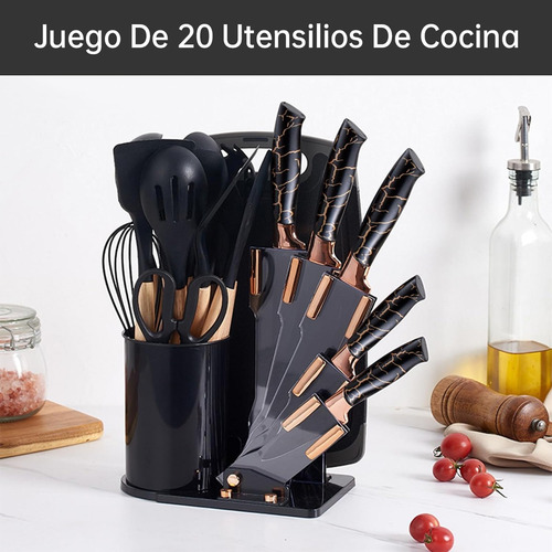 20 Piezas Set De Cuchillos Utensilios De Cocina De Silicona, Incluyendo Cuchillos, Espátulas Antiadherentes Y Cucharas De Sopa Con Base De Madera Negra Color