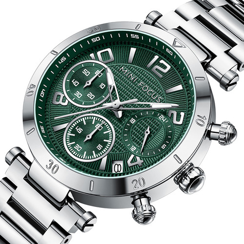 Reloj de calendario luminoso Mini Focus Fashion, color de fondo verde-plateado