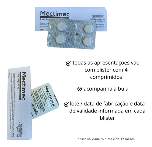 Ivermectina 3mg Mectimec Blister 4comp Cães De 4kg Até 7,5kg
