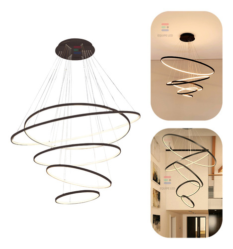 Lustre Pendente 5 Aneis Arcos Moderno Preto Pé Direito Duplo Top Equipe Led