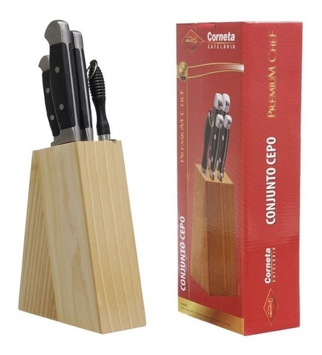 Conjunto Facas Em Inox Corneta Cepo Premium Chef 5 Peças 