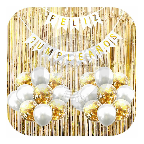Combo Deco Feliz Cumple Dorado Cortina Banderin Globos Conf Dorado