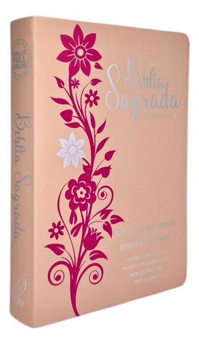 Bíblia Sagrada Evangélica Gigante - Ramos Florida Rosé E Pink - Feminina Com Índice E Harpa Avivada E Corinhos Linguagem Arc Full Color Capa Pu Luxo Flexível