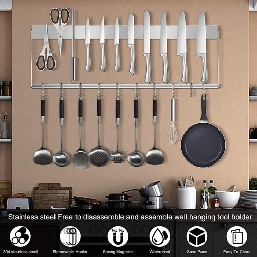 Imagen 5 de 8 de Kit Soporte Porta Cuchillos De Pared Magnetico Con Ganchos
