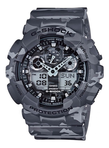 Reloj pulsera Casio G-Shock GA100 de cuerpo color camuflado gris, analógico-digital, para hombre, fondo camuflado gris, con correa de resina color camuflado gris, agujas color gris, dial gris, subesferas color gris y negro, minutero/segundero gris, bisel color camuflado gris y hebilla doble
