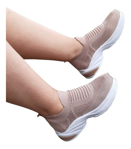 Imagem 1 de 6 de Tênis Feminino Sem Cadarço Meia Knit Slip On Nude Conforto