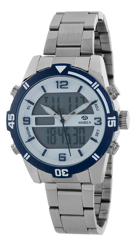 Reloj Pulsera Marea Watch B35362 Con Auriculares Bluetooth Correa Plateado Bisel Azul Oscuro Fondo Blanco
