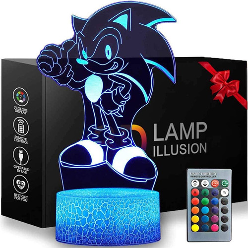 Lampara 3d Sonic Illusion Night Light 16 Colores Con Control