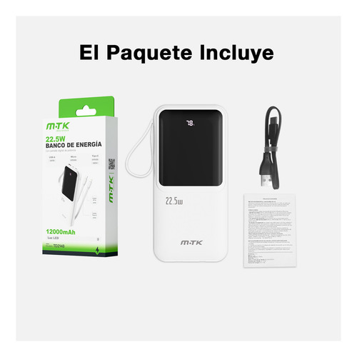 Mtk Power Bank Batería Portátil Cargador Td2148 12000mah Con Built In 2 Cables Lightning Tipo C Con Pantalla Digital Accesorios Para iPhone Samsung Xiaomi Etc Color Blanco
