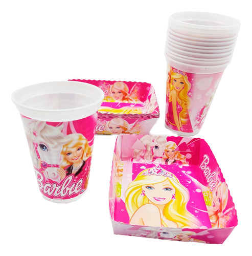 Kit 12 Vasos 12 Platos Decorativos Barbie Girl