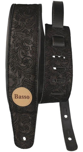 Correia Guitarra Violão Baixo Basso Alça Couro Floral Preto