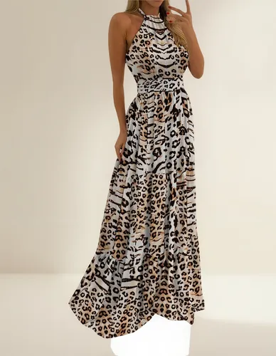 Vestido Maxi Estampado Digital Boho Con Cuello Halter