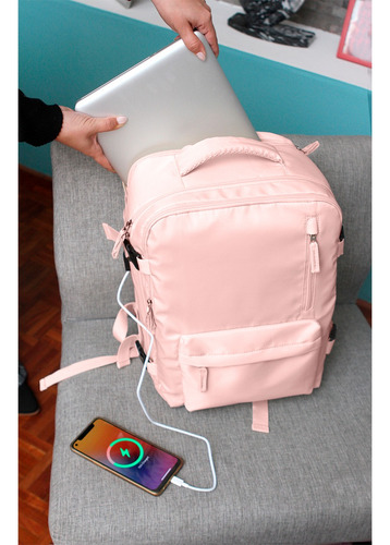 Mochila Escolar Antirrobo Mochila Para Laptop 16 Pulgadas Con Puerto Usb, Mochila De Viaje Para Laptop Con Puerto De Carga Usb Color Rosa Claro Diseño De La Tela Lisa