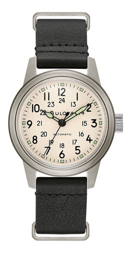 Reloj Bulova Military Hack Watch Automático 96a246 Color de la malla Negro Color del bisel Plateado Color del fondo Beige