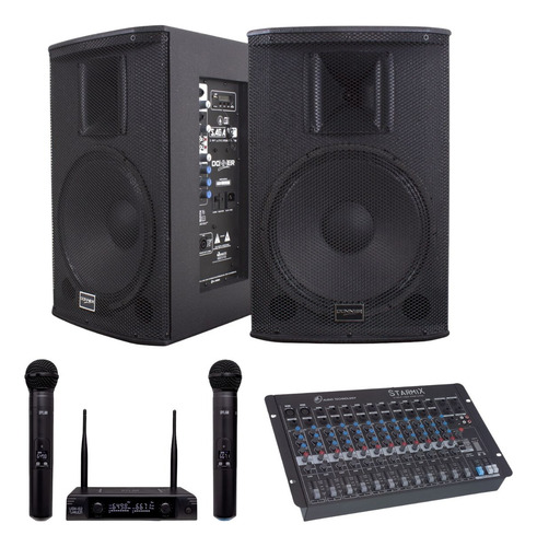 Kit Saga 12 Ativa Passiva 380w Mesa De Som Microfone S/ Fio