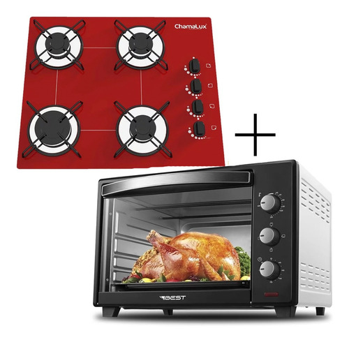 Fogão Cooktop 4 Bocas Vermelho + Forno De Eletrico 48 Litros 110v