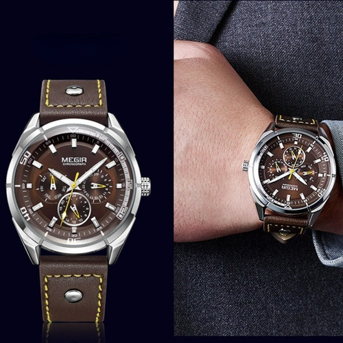 Reloj De Negocios Con Cronógrafo Luminoso De Cuero Megir Color Del Fondo Café