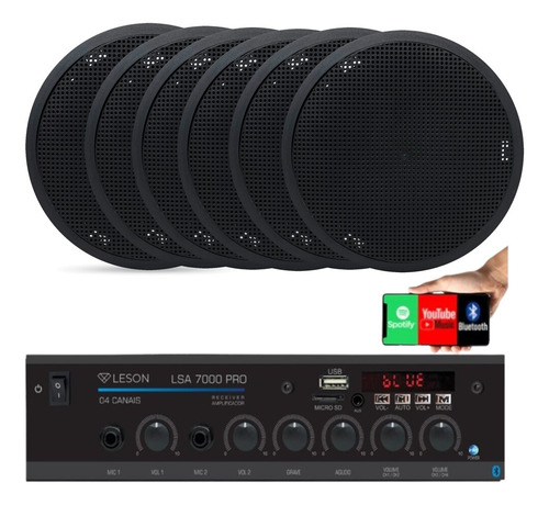 Som Ambiente 4 Canal 500watts +6 Caixas P/ Teto/gesso Preto