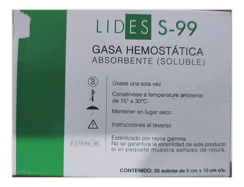 Gasa Hemostatica Lides S-99 Caja Con 20 Pzas. Crema