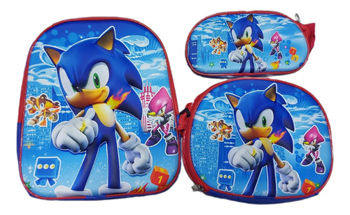 Morral Sonic Pequeño Kit Escolar + Lonchera + Cartuchera