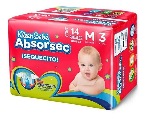 Imagen 1 de 2 de Pañales Kleenbebe Absorsec Unisex Mediano 14 Piezas Etapa 3
