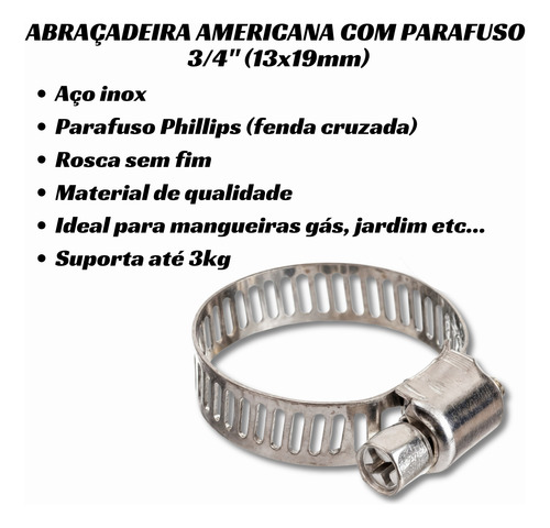 50 Abraçadeira Americana Com Parafuso 3/4 Aço Inox Ajustável