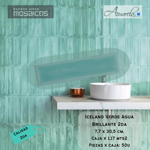 Azulejo Iceland 7,7x30 Acurela Verde Agua Brillante Segunda