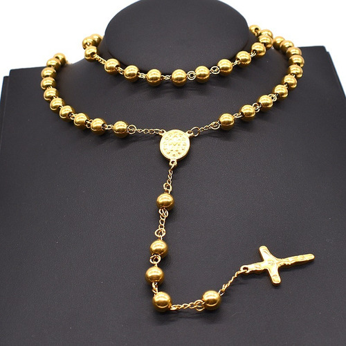 Terço Fé Rosário Oração Aço Inox Bolinha 8mm Dourado Unissex