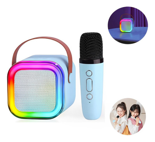 Caixinha De Som Bluetooth Led C/ Microfone Karaokê Infantil Cor Azul