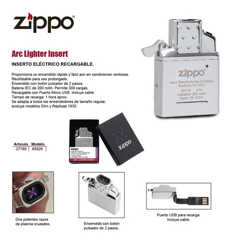 Imagen 2 de 10 de Insert Zippo Arc Usb Recargable Original Tienda Oficial