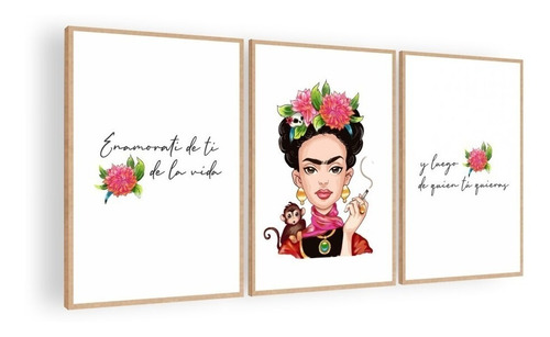 Cuadro Decorativo Mural Triptico Frida Kahlo 90x42 Mdf