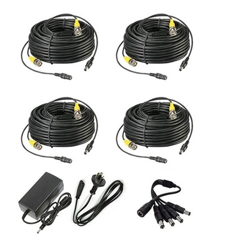 Fuente 12v 5a 5amp + Splitter 1x4 + 4 Cables Video Bnc 20mts Cctv Seguridad Camara