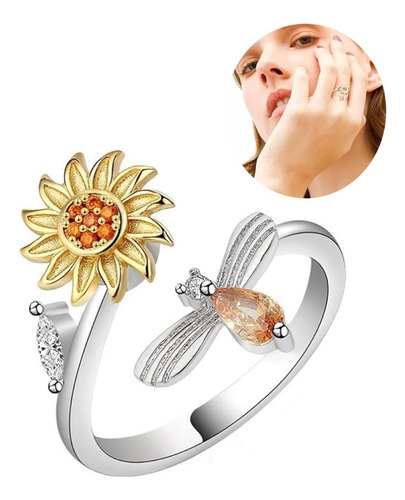 Anillo Flor Girasol Giratorio Plata 925 Antiestres Circonio