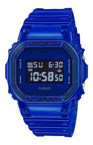 Reloj pulsera Casio G-Shock DW5600 de cuerpo color azul, digital, fondo negro, con correa de resina color azul, dial celeste, minutero/segundero celeste, bisel color azul, luz azul verde y hebilla simple