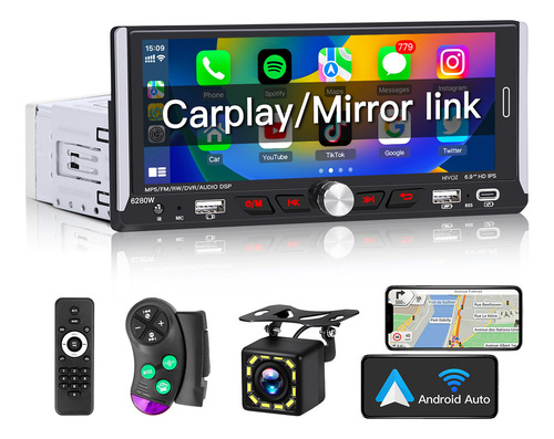 Autoestereos Pantallas Hoviz Auto Estéreo 1din Ips Hd Inalámbrico Carplay Android Auto Bt Fm Rds Rca Negro Estereo Pantalla 6.9 Pulgadas Reproductor Multimedia Auto Pantalla Para Auto H30
