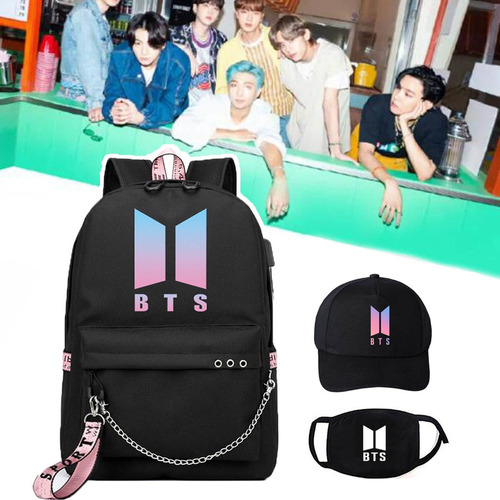 Kpop Set Bts Mochila Escolar Máscara Gorra