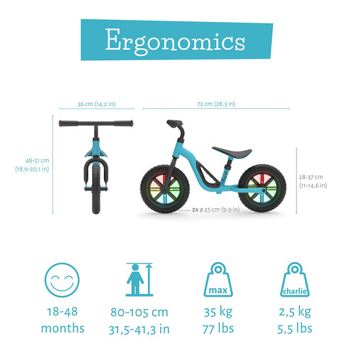 Chillafish Charlie Glow - Entrenador De Bicicleta De Equilibrio Ligero Para Niños De 18 A 48 Meses, Aprende A Montar Con Neumáticos De 10 Pulgadas, Asiento Ajustable Y Asa De Transporte, Cielo