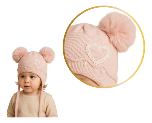 Touca Gorro Lã Pompom Bebê Infantil Forrada Pelúcia Rosa P Coração