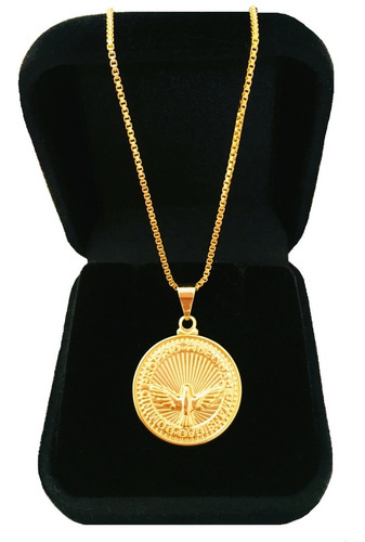 Colar Divino Espírito Santo Medalha Redonda Folheado A Ouro Cor Dourado