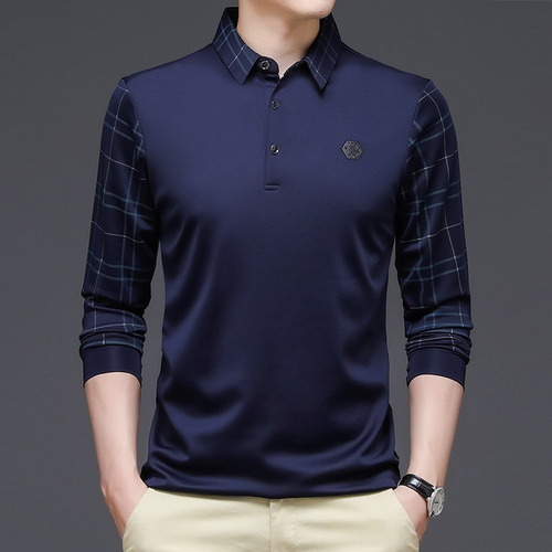 Camisa Polo De Color Sólido Manga Larga Hombres Moda Coreana