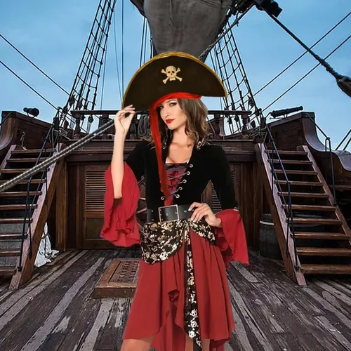 Sombrero Gorro Pirata Mujer Cotillon Bandana Roja Disfraz X3