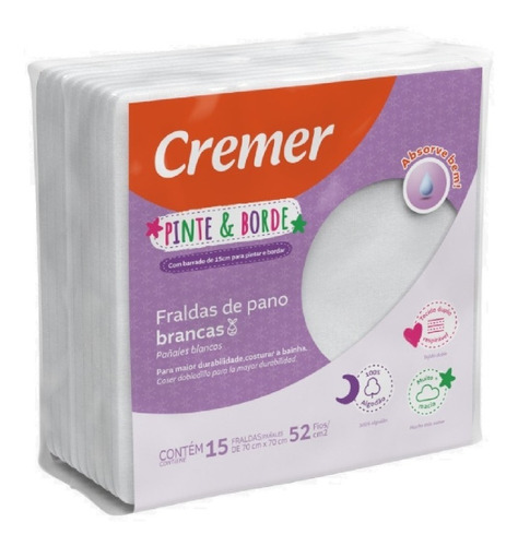 Fralda De Pano Pinte E Borde Branca 52 Fios Cremer Pacote de 15 Unidades 70x70cm