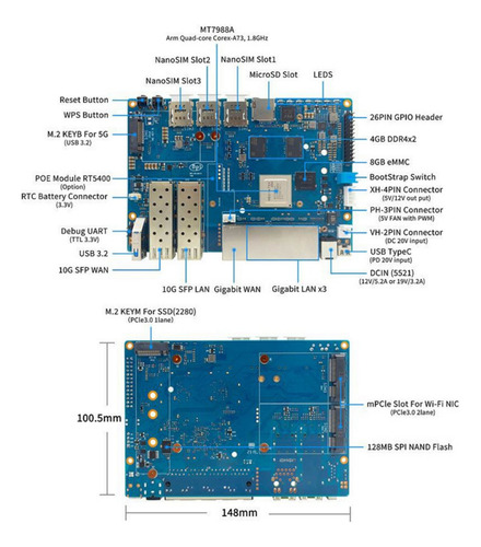 Para Banana Pi Bpi-r4 Mediatek Mt7988a Arm Cortex-a De Cuatr