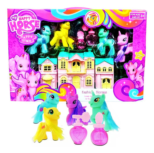 Pony Fashion House X 4 Unicornio + Casa Super Cla Fdla23-5 Color Rosa