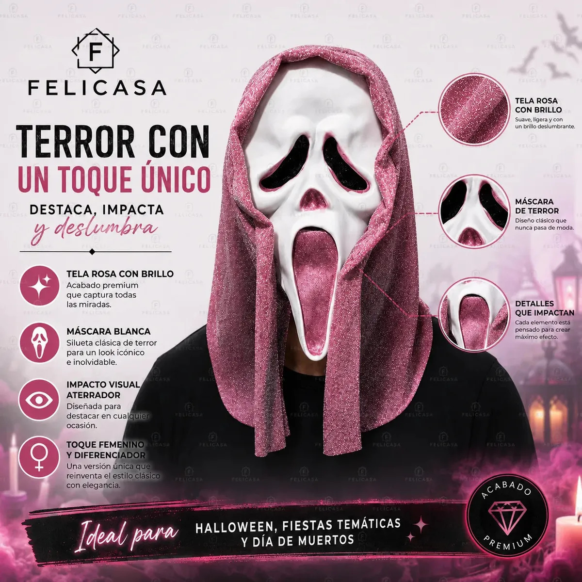 F FELICASA Máscara Ghost Face Scream Capucha Rosa Brillante, Máscara Látex Terror Halloween, Disfraz Cosplay Fiesta, Antifaces Color Rosa, Mascaras de Fantasía para Sesión de Fotos