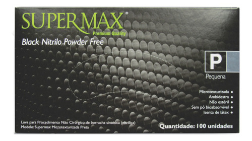 Imagem 1 de 1 de Luvas descartáveis antiderrapantes Supermax cor preto tamanho  P de nitrilo x 100 unidades 