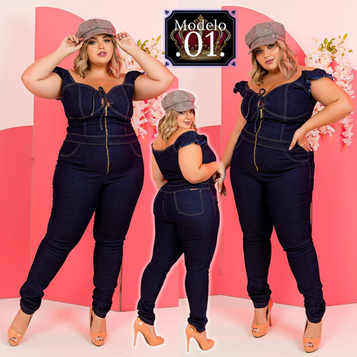 Macaquinho Macacão Longo Jeans Plus Size Chic Design Ref. 13 | Frete grátis Macaquinho Macacão Longo Jeans Plus Size Chic Design Ref. 13 | Frete grátis