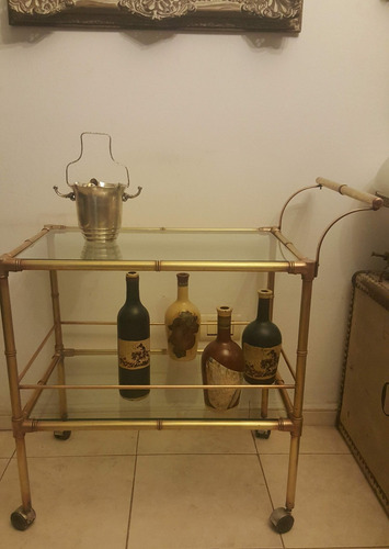 Antigua Mesa Carro Bar Auxiliar Bronce Doble Plano Vidrio (Usado)
